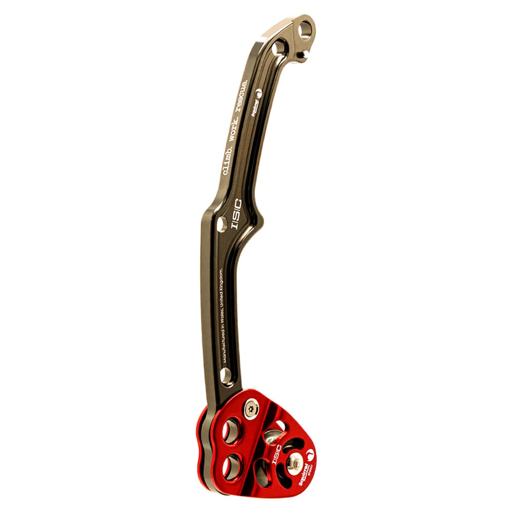 Squirrel Tether, climbing device with black curved metal arm and red aluminum block with several holes and screws