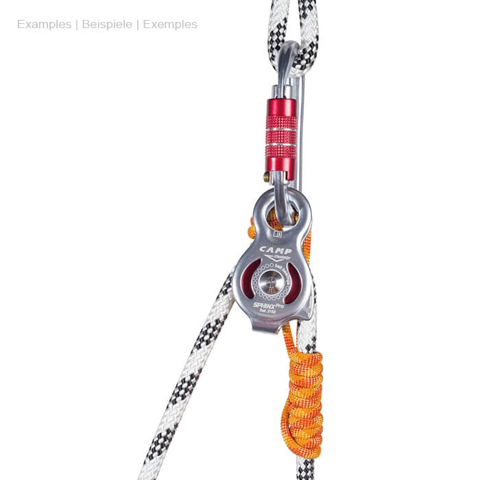 Sphinx Pro by CAMP, silver pulley with red roller, attached to a carabiner and two ropes, one white-black and one orange