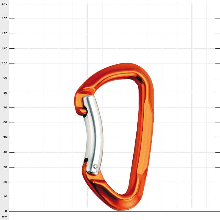 Lime Bent carabiner, orange with silver clasp, product name visible
