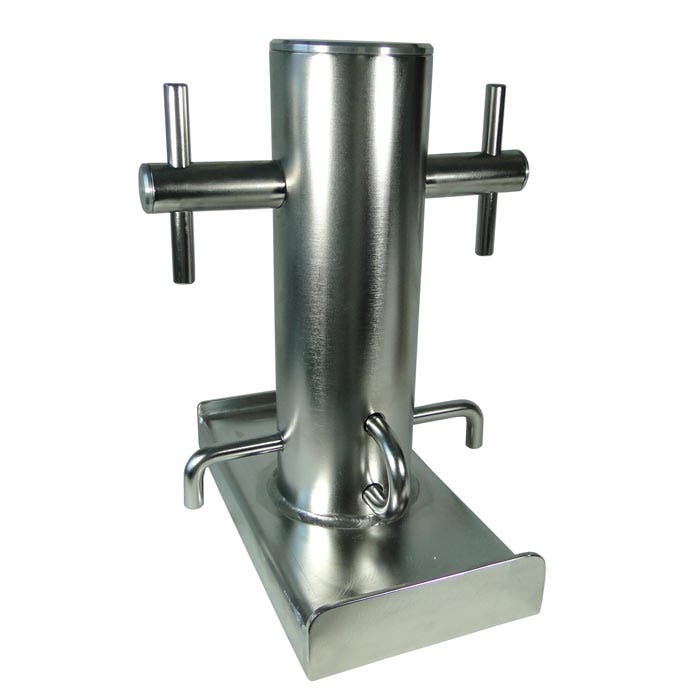 Rigging bollard Silver, silver metal bollard with four side handles and a hook at the front, rectangular base plate, view from the other side