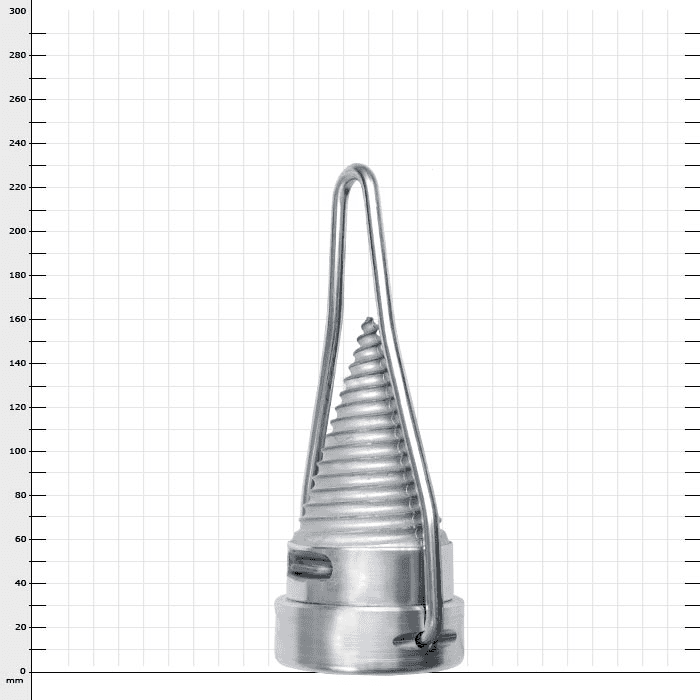 Ratchet wedge made of metal with spiral cone and integrated bracket from the front against a checkered background