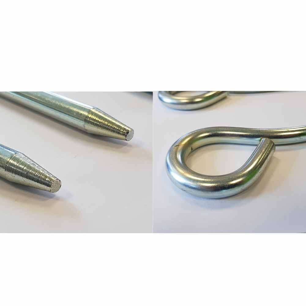 Mesh Guard Pins, close-up of the pointed ends and the curved ends of the silver metal pins