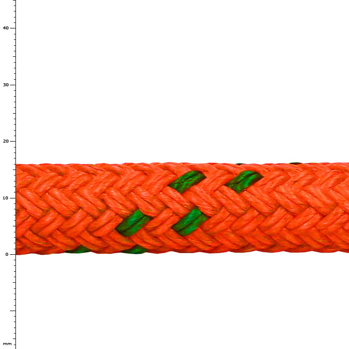 Polydyne 16, close-up of an orange braided rope with green threads, product name visible