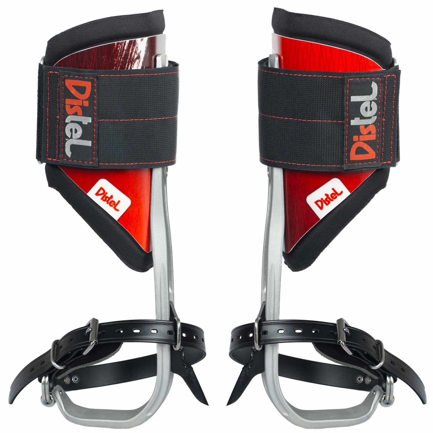 Distel Alu 3.1 Classic by Distel, two red and silver via ferrata spurs with black straps and Velcro fastener, view from a slightly different angle