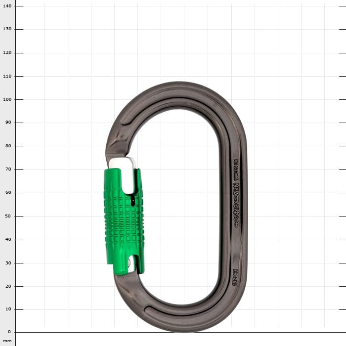 Ultra O carabiner with green clasp, grey metal body, title Ultra O visible