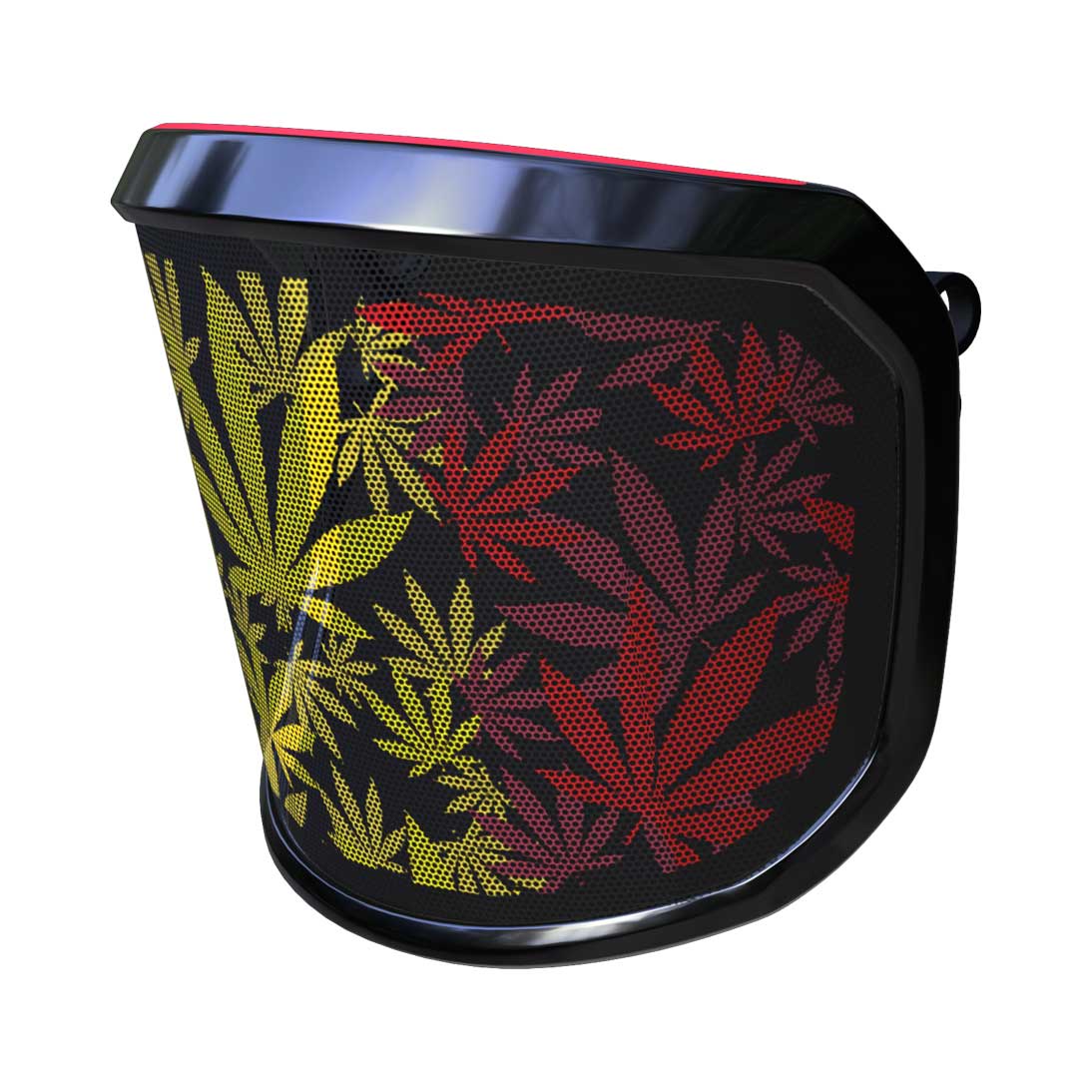 PROTOS® visor Special Edition with black frame, other side view with yellow, red and green leaf pattern on black background
