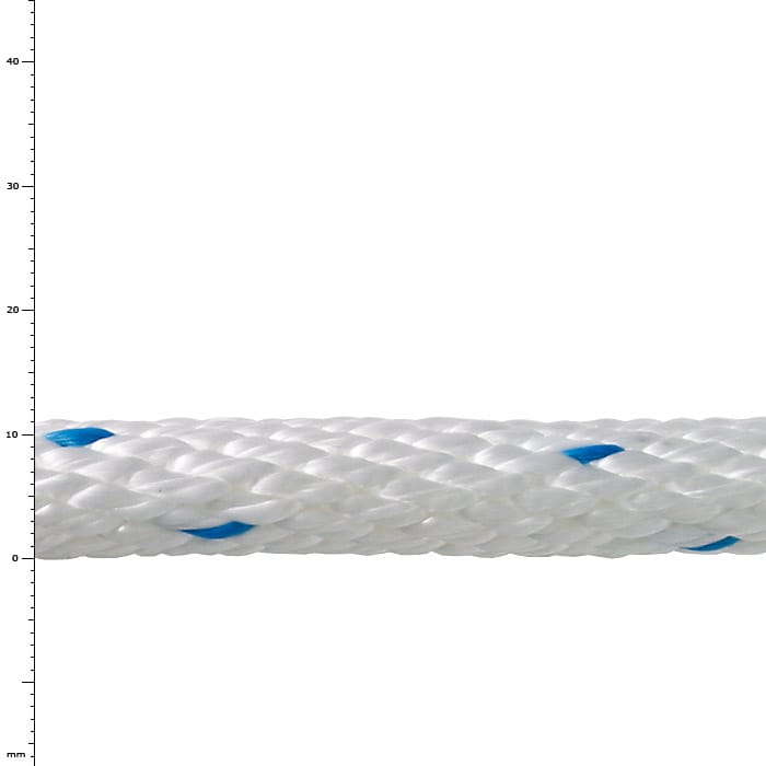 Close-up of white work line with blue dots and woven structure on white background