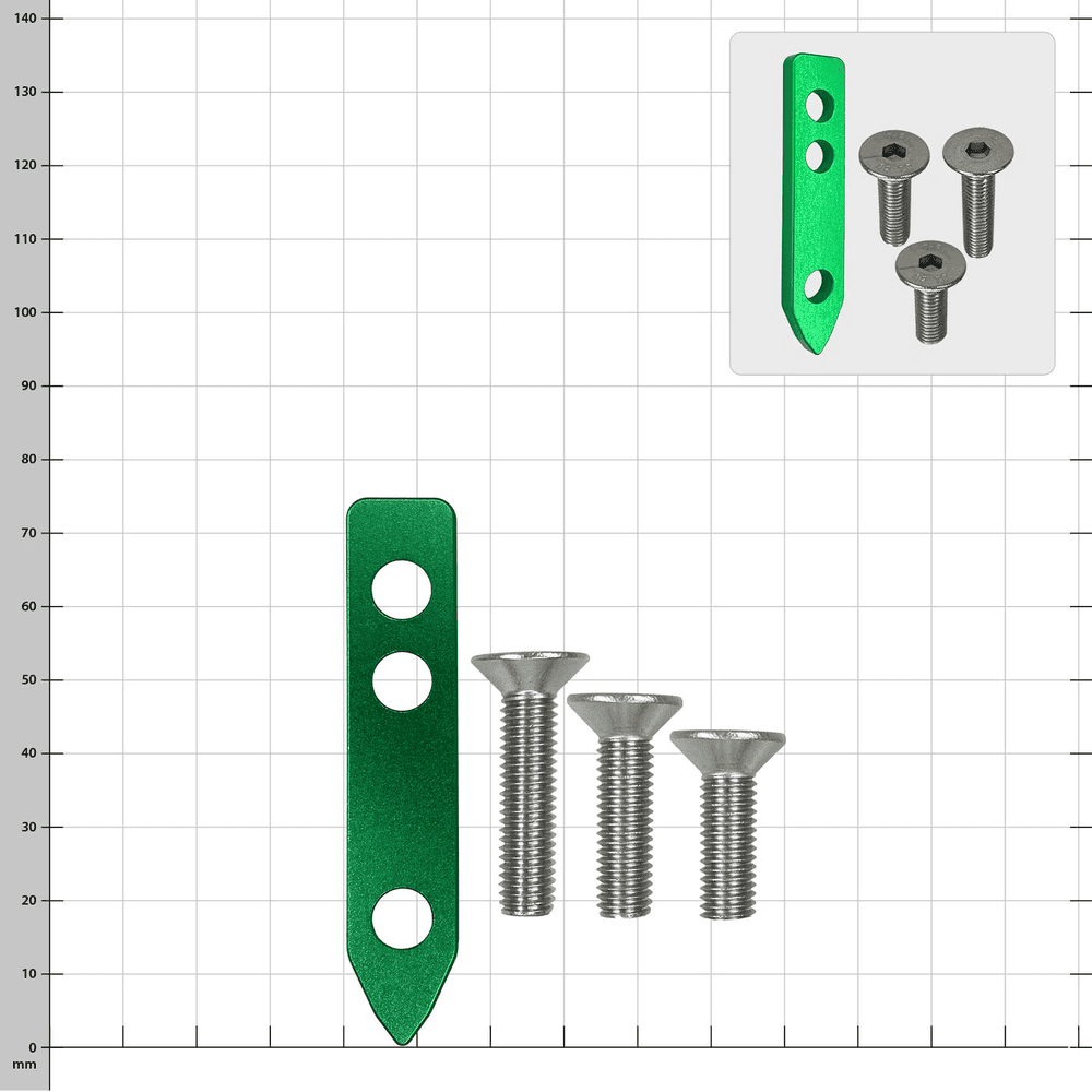 SpikeSender Spacer Basic green with three silver screws on a checkered background, small insert image shows the same parts from a different perspective