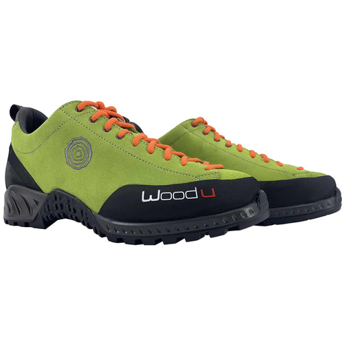 Woodu Leaf green with orange laces, pair view from the front, manufacturer Woodu