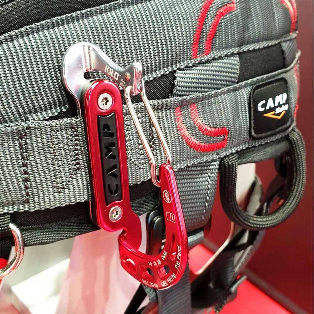 Kilo via ferrata set from Camp, red and silver carabiner attached to the grey climbing harness with red stitching
