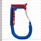 skyHOOK Wire Gate in blue and red with metal bracket against a white background and grid lines, slightly different perspective
