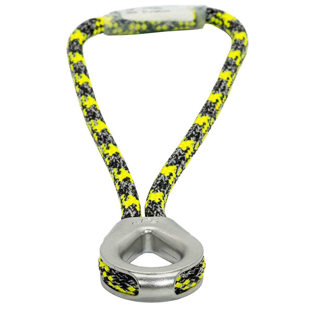 prusikLOOP fimble, a yellow-black-gray patterned rope with a silver metal part in the shape of a teardrop