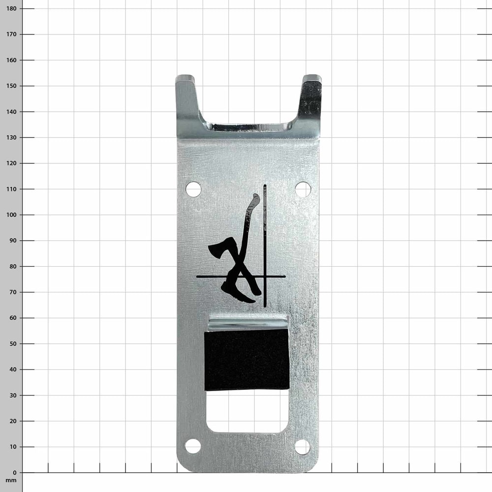PROTOS® metal wall bracket with black upholstery and black symbol on silver surface against checkered background