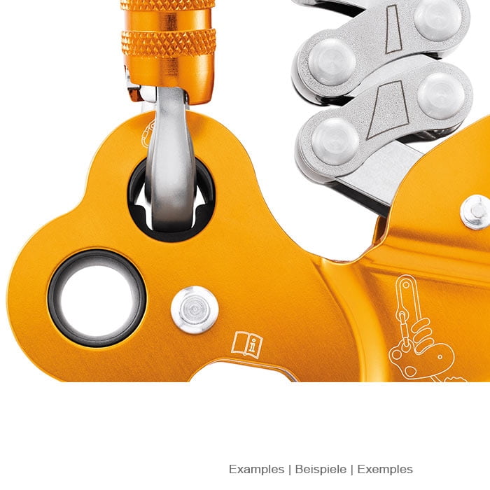 Detail of the upper part of the Petzl ZigZag cable system with a snap hook and silver levers