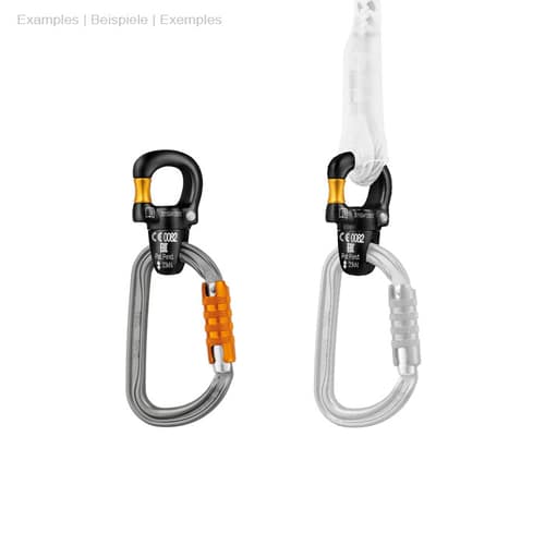 Micro Swivel by Petzl in black with gold swivel joint connected to a grey carabiner, two variants side by side