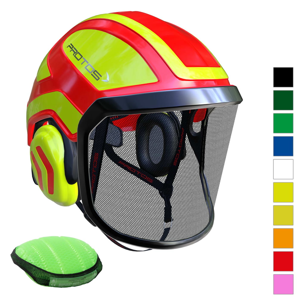PROTOS Arborist helmet in red and yellow with black mesh visor and yellow earmuffs, next to a green pad