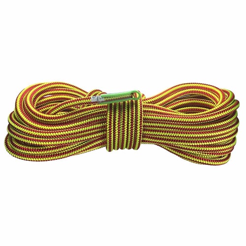 Coiled rope XP-e Highlight with red and yellow pattern and green protective cover on the loop