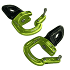 Cupid Swivel Mix by Edelrid, two green and black carabiners with open clasp, lying on a white background