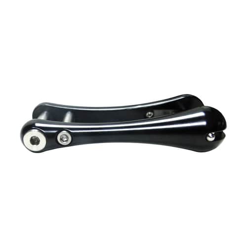 Trapeze 5, black metal part with bent arms and screws, lying sideways on a white background