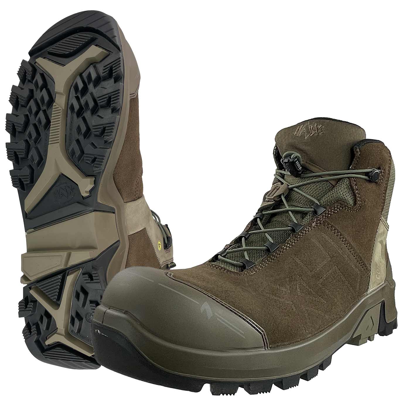 Connexis Safety+ GTX Mid brown safety shoe with green lacing system and robust sole, front and bottom view