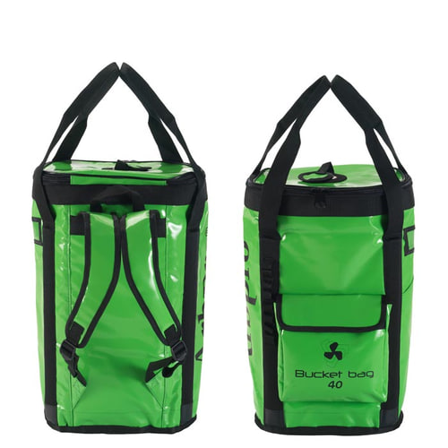 Back and front view of the green Bucket Backpack 40 from Airpro with black straps and front pocket
