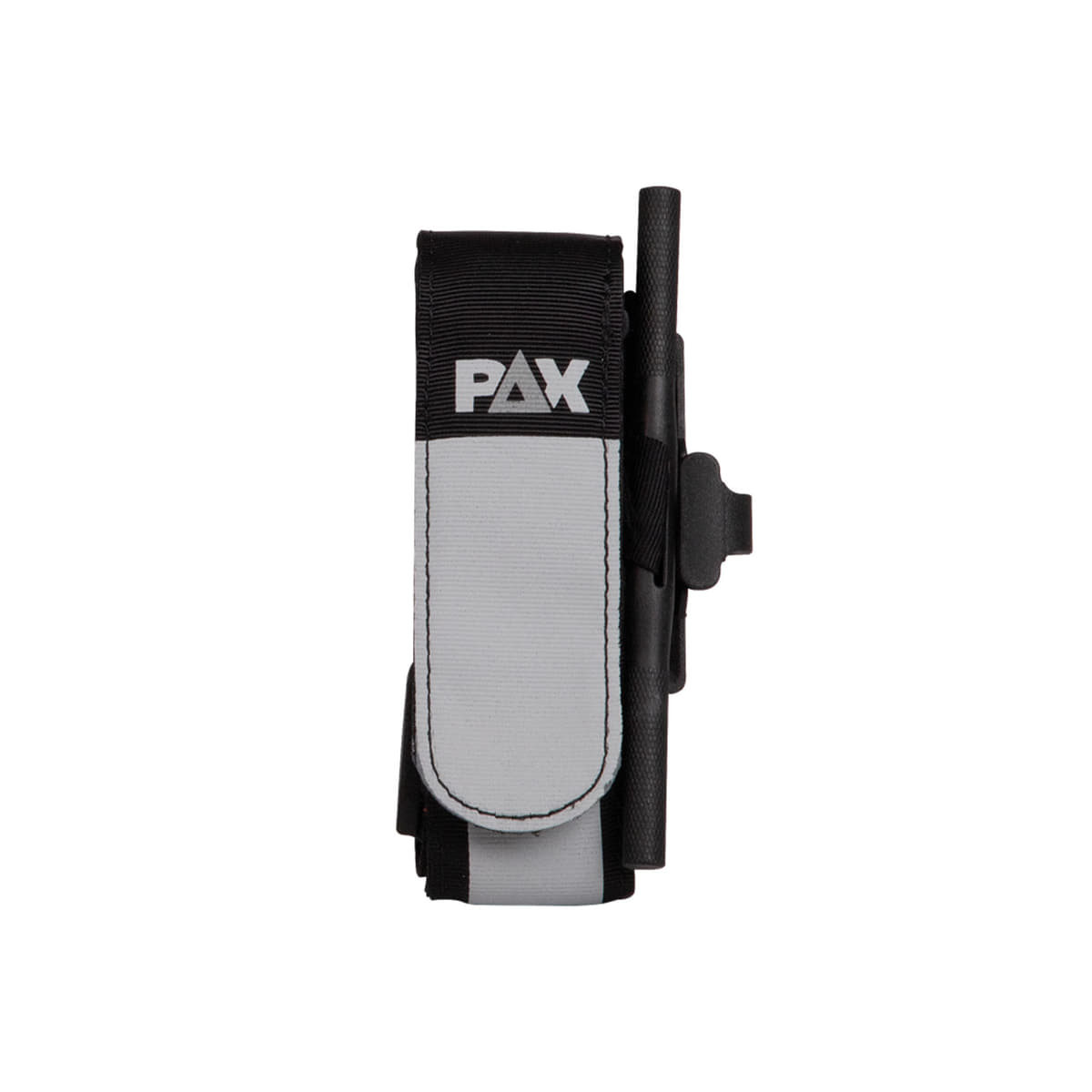 PAX tourniquet with black and grey band, PAX logo on grey tab and black rod on the side