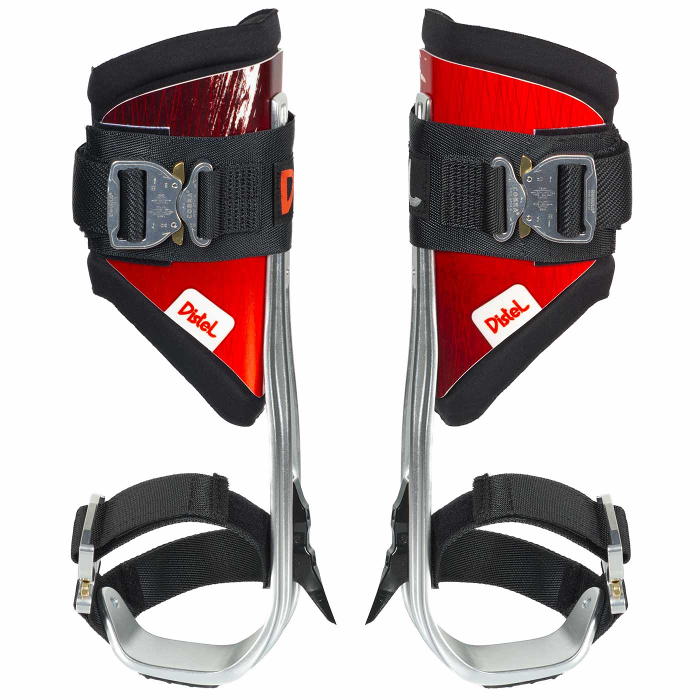 Distel Alu PLUS Click by Distel, Pair of Aluminum Stirrups with Red Plastic Plates, Black Velcro and Buckle Straps