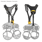 Top Croll by Petzl, front and rear view of the black chest ascender harness with gray mesh fabric and yellow ascender, with gray semi-transparent harness silhouettes in the background