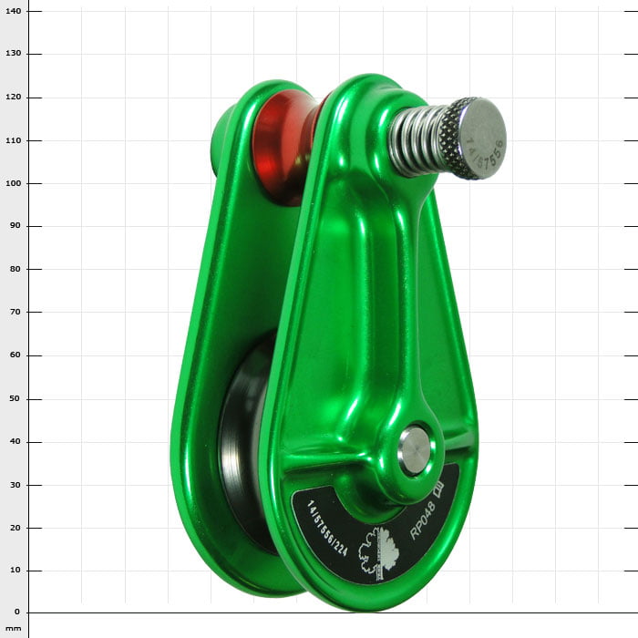 Blockbuster Compact green pulley with red wheel and metal pin, front view