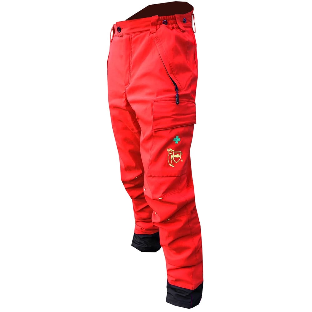 Red Everest R trousers with black waistband and hem, side zip pocket and green cross and yellow logo on the front