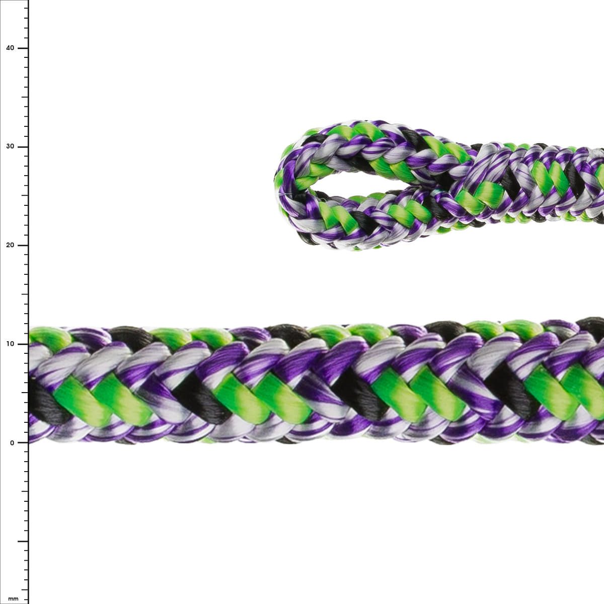 Argiope Evo Rope with green-purple-black pattern and loop at the end