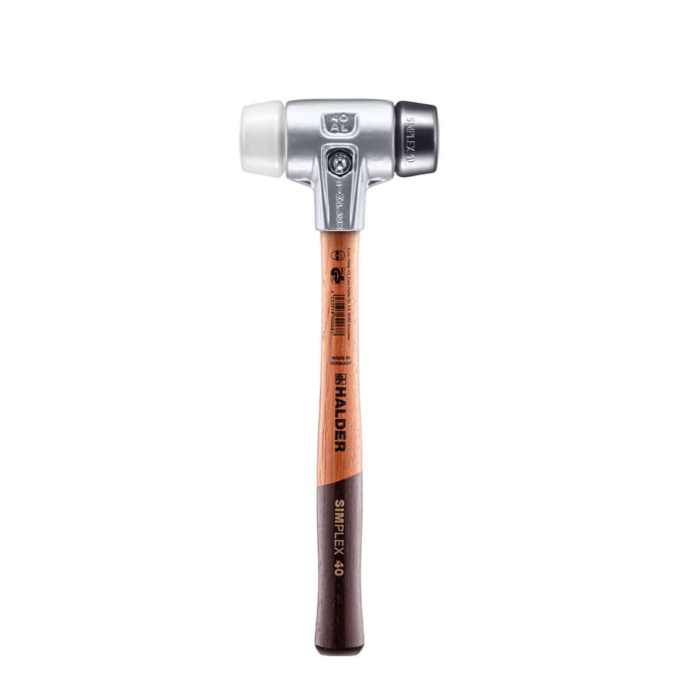 Simplex soft-face hammer 370 with wooden handle, silver hammer head and white and black striking surfaces