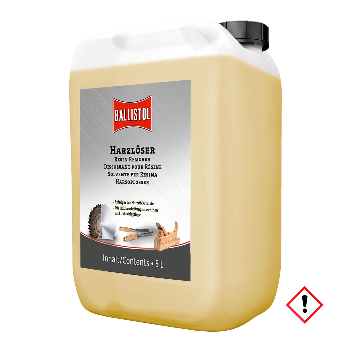 Ballistol Resin Solvent 5.0, 5 liter canister with yellowish liquid and black screw cap, the label says Resin Remover in several languages and the Ballistol logo