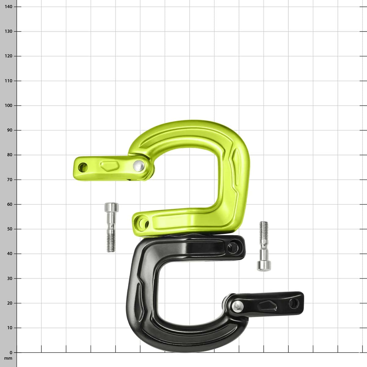 Two snap hooks, green at the top, black at the bottom, disassembled with two screws, product name Cupid Swivel visible