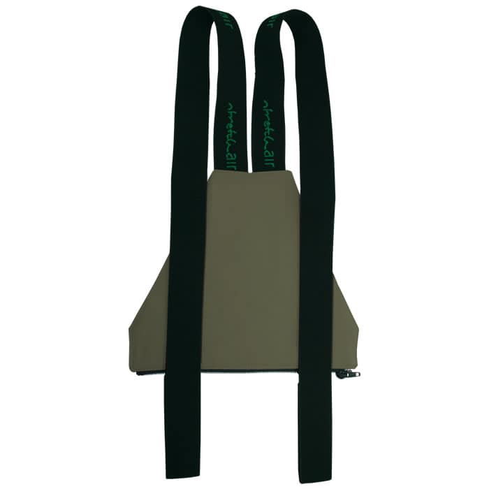 Zip bib in olive green with black straps, manufacturer's name on the straps in green