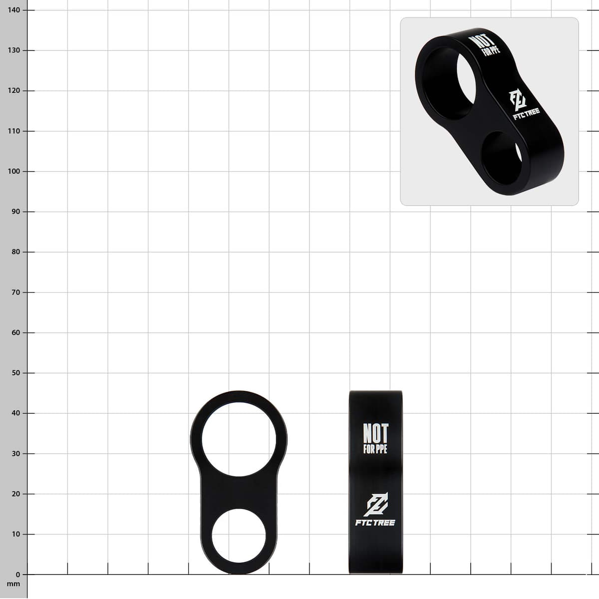 Rise-Up by FTC TREE, black metal part with two round openings and white inscription "NOT FOR PPE"