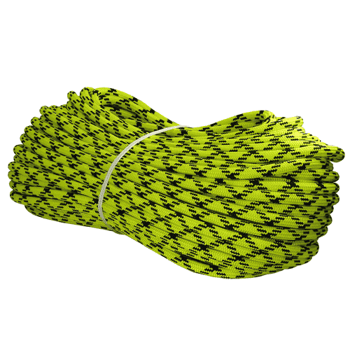Safe Plus rope in yellow with black patterns, rolled up and fixed with a white ribbon