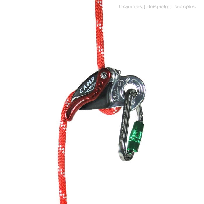 Druid Pro by CAMP Safety, black and silver device with red lever on red rope and green carabiner