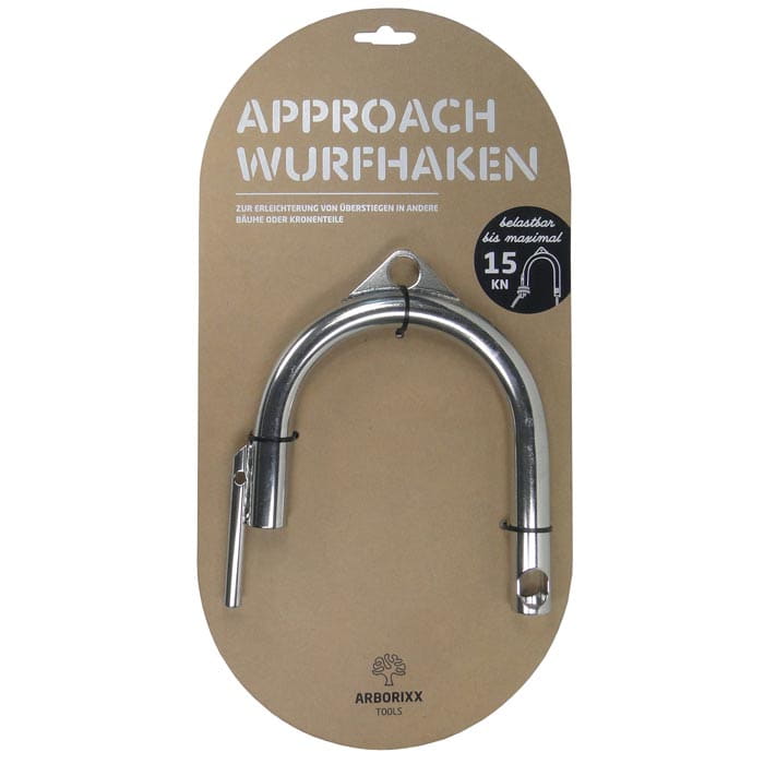Approach throwing hook from Arborixx Tools in brown packaging with white lettering and black sticker indicating a load capacity of 15 kN