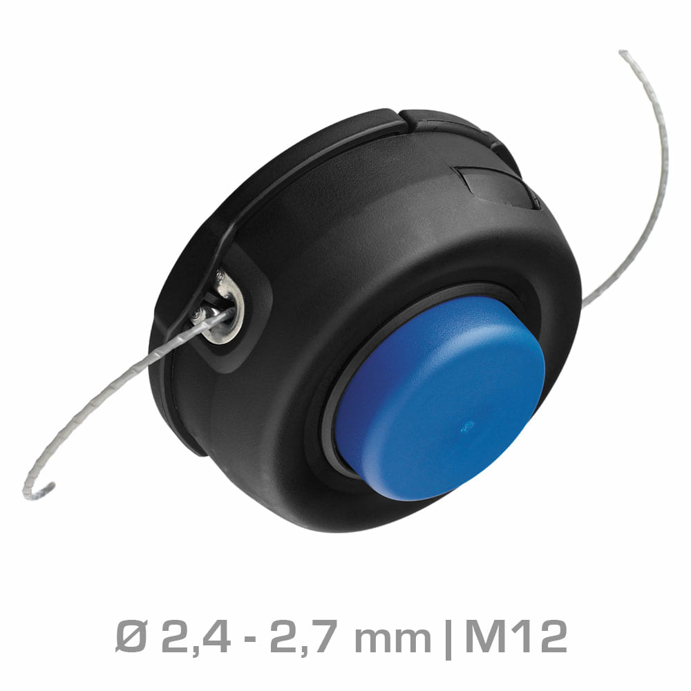 T35 M12, black round thread head with blue button and white thread ends