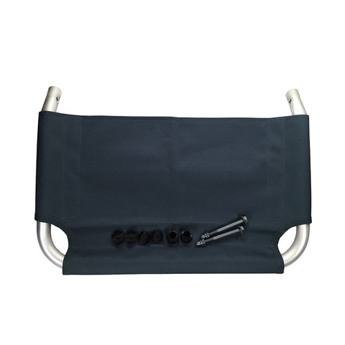 Beach Rolly Loading Bracket with dark blue fabric and metal frame, plus screws and black plastic parts