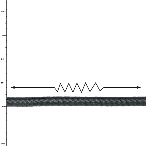 Stretchy 4.0 climbing rope close-up with black sheathing and a black jagged double arrow above the rope