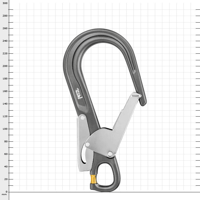 MGO Open 60 snap hook by Petzl in black with silver safety clasp and yellow twist lock at the bottom, back visible, against a white background