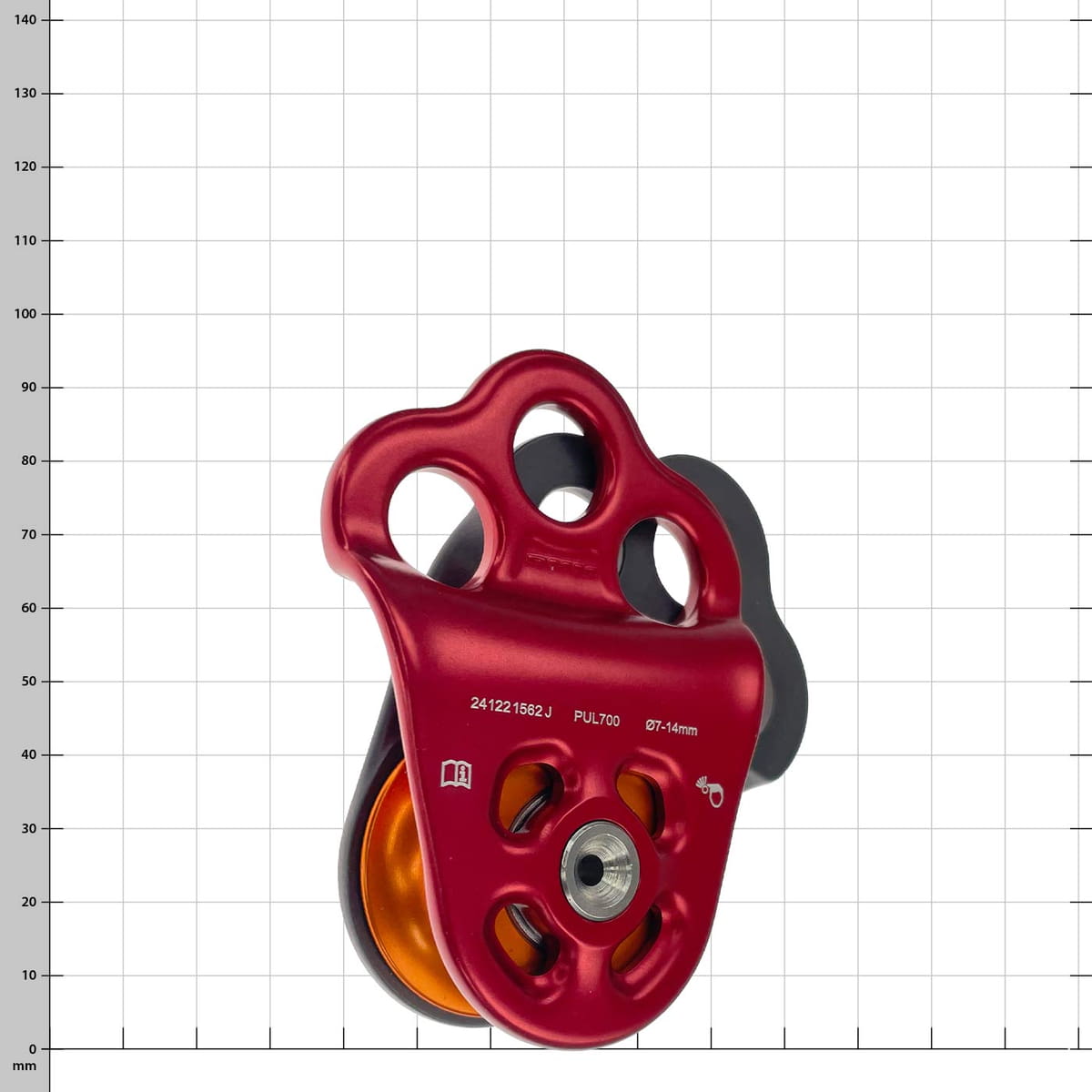 Hitch Climber 2 Rope Pulley with Red Casing and Orange Reel Set Against White Background with Grid Lines