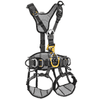 Astro Bod Fast climbing harness by Petzl in grey and black with yellow metal parts and padded leg and hip loops
