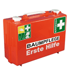 First aid kit Large by Söhngen in red color with white handle and closures, inscription "TREE CARE First Aid" and several first aid symbols on the front