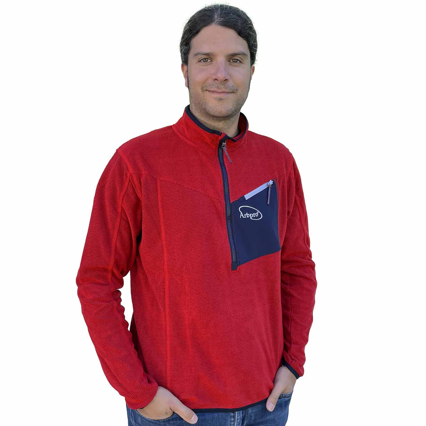 Micro Fleece red microfleece top with half-length zipper and black chest pocket with white zipper and Arbpro logo, worn by a man