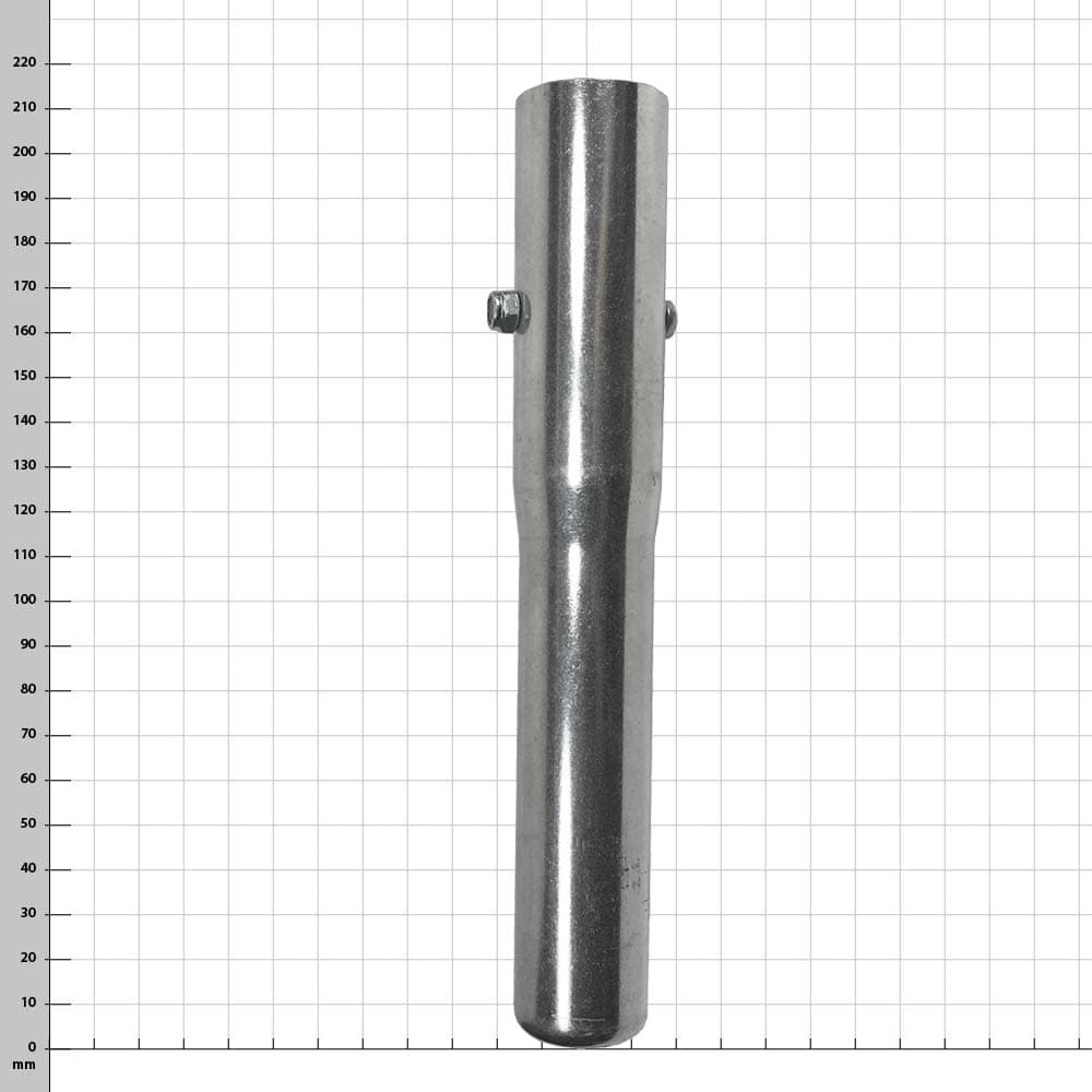 Big Shot sleeve, silver metal sleeve with two screws on the side, against a checkered background