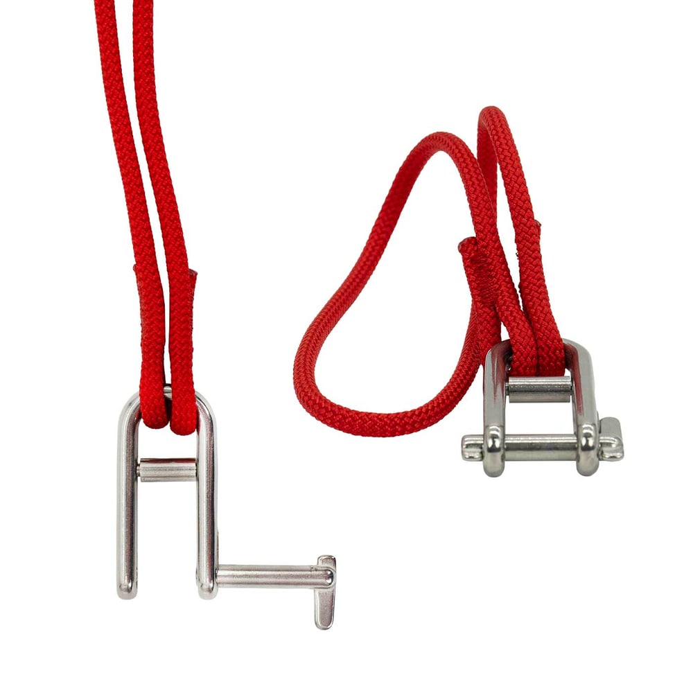pulleySAVER with red ropes and two metal hangers on white background