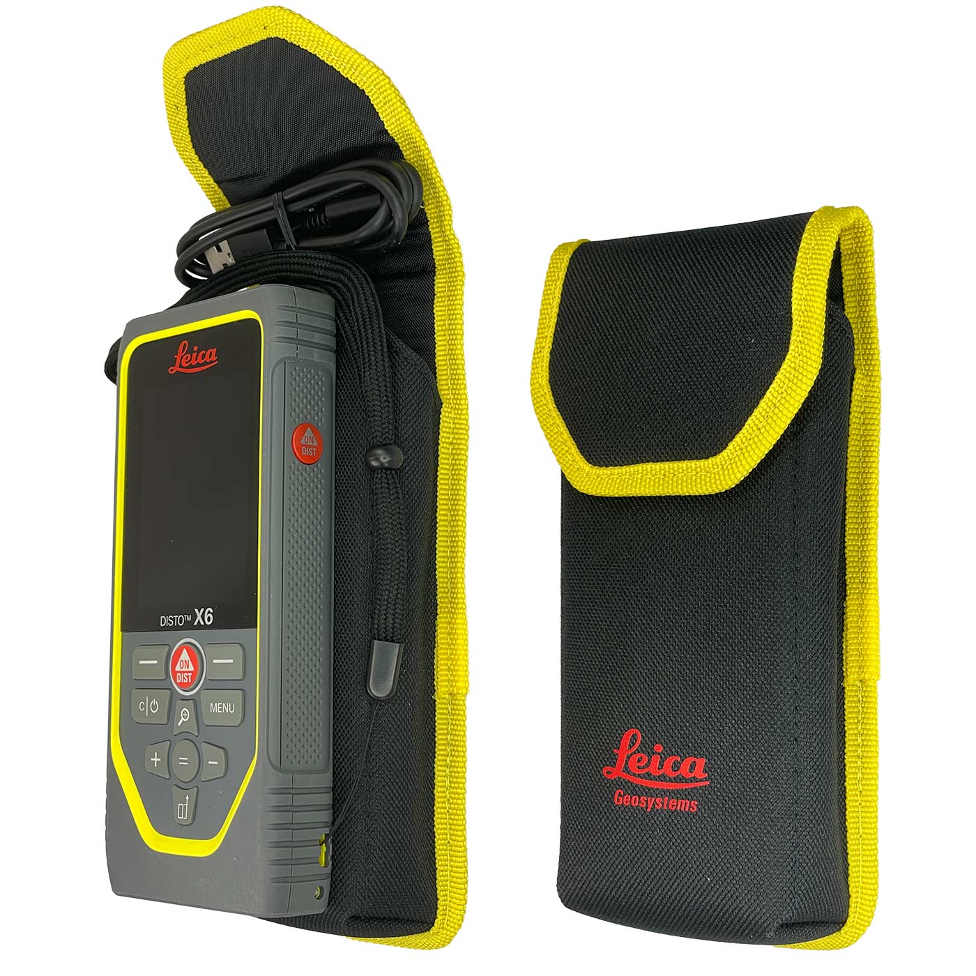Leica Disto X6 Laser Rangefinder in Black Carrying Case with Yellow Edge, USB Cable Visible, Manufacturer Leica Geosystems